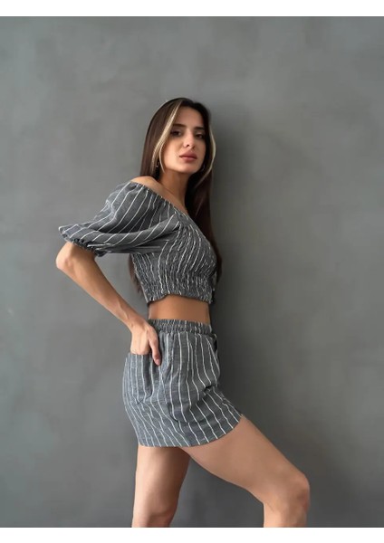 Kadın Antrasit Ikili Keten Crop Şort Astarlı Alt Üst Takım