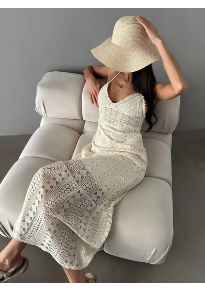 Kadın Bej Renk Dantel Detay Güpürlü Askılı Yazlık Astarlı Elbise