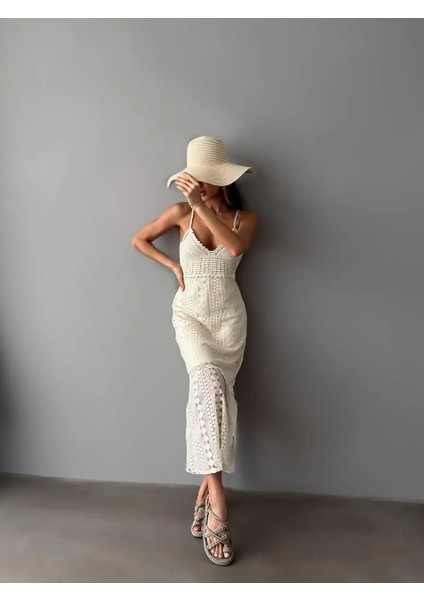 Kadın Bej Renk Dantel Detay Güpürlü Askılı Yazlık Astarlı Elbise