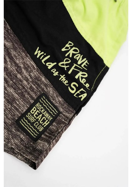 Erkek Çocuk Fıstık Yeşili Siyah Gri Şerit Detaylı Şort Mayo