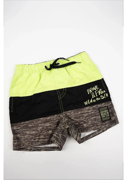 Erkek Çocuk Fıstık Yeşili Siyah Gri Şerit Detaylı Şort Mayo