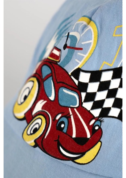 Erkek Çocuk Mavi Kırmızı Yarış Arabalı Kasket Şapka