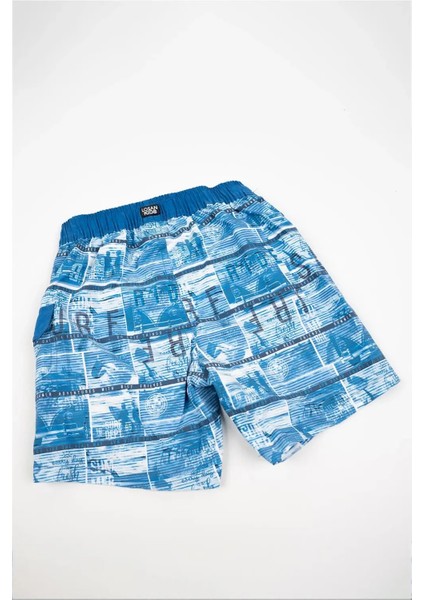 Erkek Çocuk Mavi Yazı Detaylı Şort Mayo
