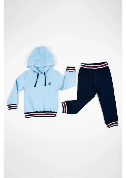 Erkek Çocuk Açık Mavi Lacivert Kapüşonlu Mevsimlik Pamuklu Eşofman Takımı