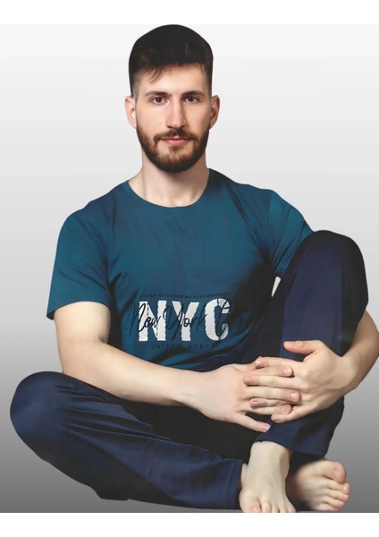 Erkek Petrol Mavisi Renk Penye Pamuklu Kısa Kol Pijama Takımı fiyatları