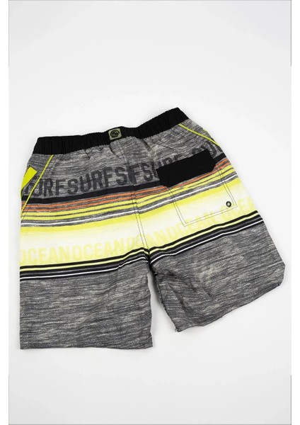 Erkek Çocuk Fıstık Yeşili Sarı Gri Şerit Detaylı Surf Yazılı Şort Mayo