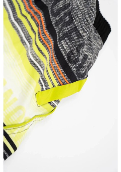 Erkek Çocuk Fıstık Yeşili Sarı Gri Şerit Detaylı Surf Yazılı Şort Mayo