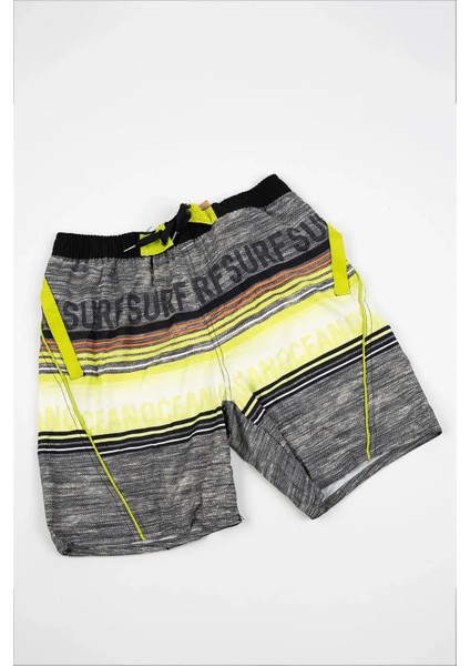 Erkek Çocuk Fıstık Yeşili Sarı Gri Şerit Detaylı Surf Yazılı Şort Mayo