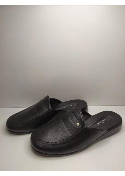 288-1 Erkek Siyah Damat Çeyiz Armalı Düz Deri Terlik modelleri