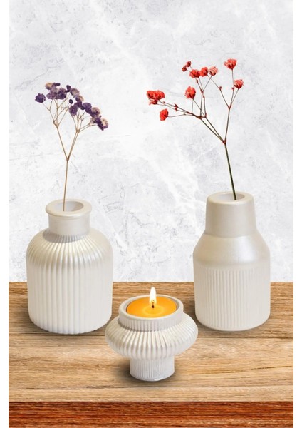 Dekoratif Beyaz Renkli Tealight Mumluk Modern Vazo 3'lü Set fiyatları