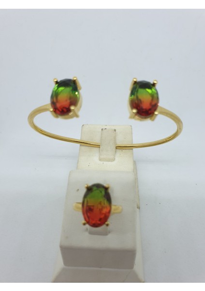 Turmalin Orjinal Doğal Taş Altın Kaplama Yüzük Ikili Bilezik Set Takım Oval Faset Kesim