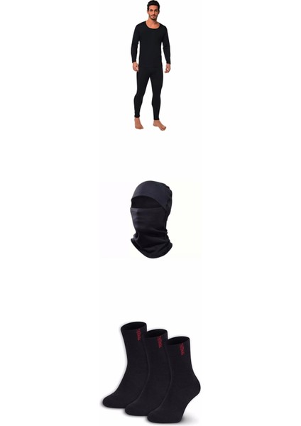 Erkek Siyah Termal Alt Üst Takım Asker Seti Termal Kar Maskesi ve 3 Çift Termal Çorap Hediyeli