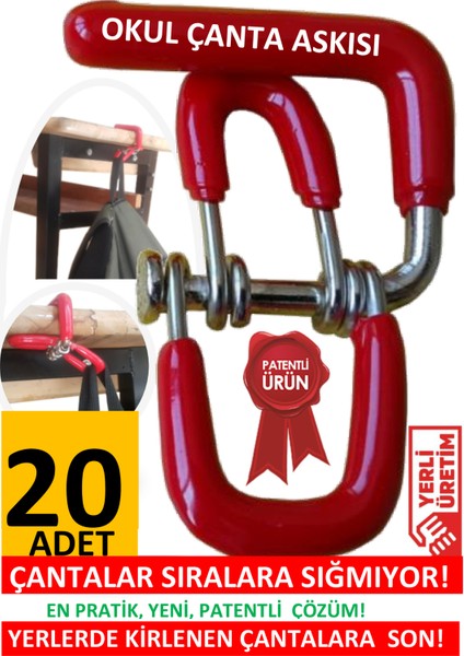 Okul Çanta Askısı 20 Adet Öğrenci Sıra Masa Yaylı Askı Aparatı Organizer Düzenleyici