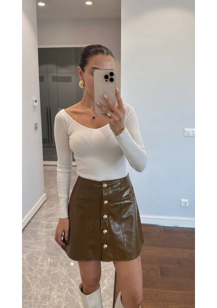 Kadın Önü Düğmeli Deri Mini Etek