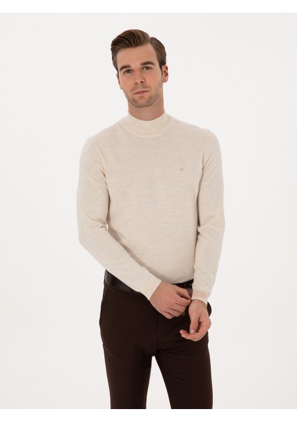 Erkek Bej Slim Fit Yün Karışımlı Yarım Balıkçı Basic Triko Kazak 50315296-VR011