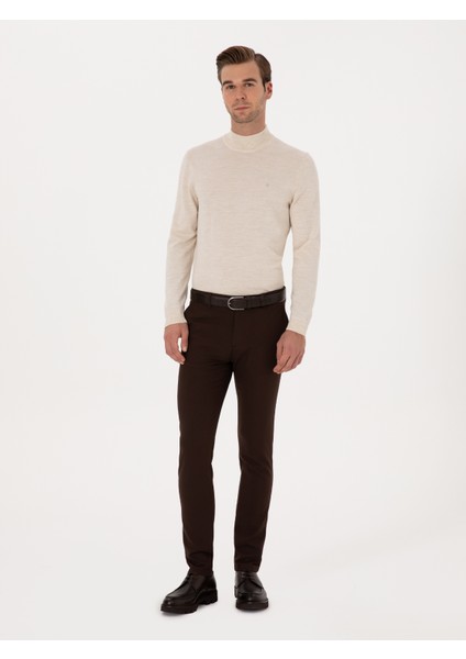 Erkek Bej Slim Fit Yün Karışımlı Yarım Balıkçı Basic Triko Kazak 50315296-VR011