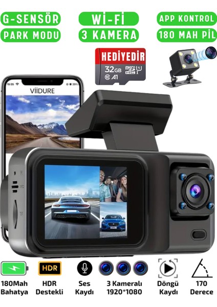 A3298 Wi-Fi Full Hd 3 Kameralı Araç Içi Güvenlik Kamerası 64GB – Ir Gece Görüşü, Ön-Arka-Iç Kayıt,dashcam