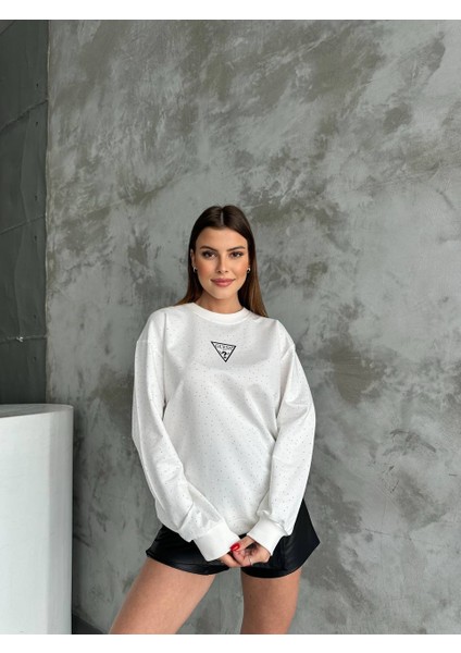 Asur Butik Kadın Serpme Taşlı Baskılı Sweatshirt