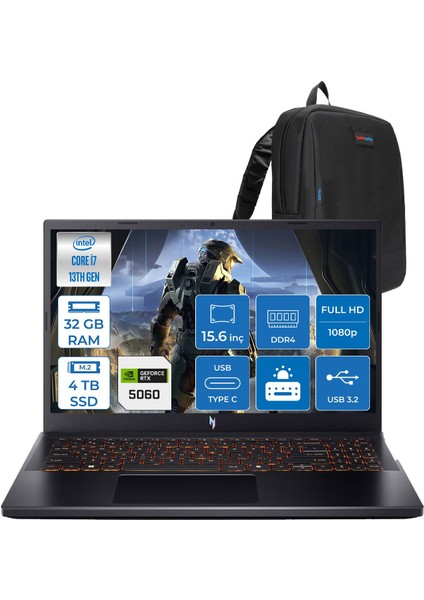 Nitro V15 ANV15 13.nesil Core I7 13620H 32GB 4tb SSD 8GB/RTX5060 75W Gddr7 165Hz IPS Full Hd Freedos Gaming Bilgisayar NHQZAEY001F15+ZETTAÇANTA