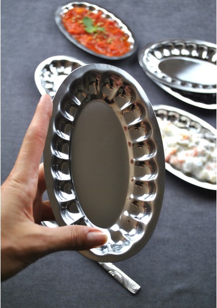 4'lü Çelik Dilimli Küçük Kayık Tabak Dilimli Kayık Tabağı Mini Meze Kahvaltı Sunum Kase 18X11 cm fiyatları