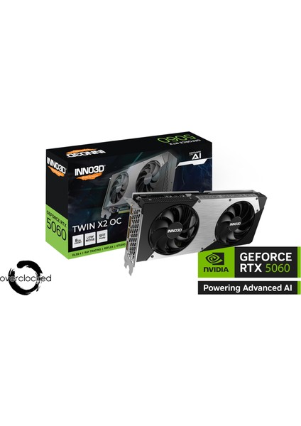Twin X2 Oc RTX5060 8gb Nvidia Geforce RTX5060 8gb Overclocked 128BIT Gddr7 DX12 Ultimate Dlss 4.0 Nvidia Reflex 2.0 Multiframe Gen. Pcıe 5.0 Ekran Kartı