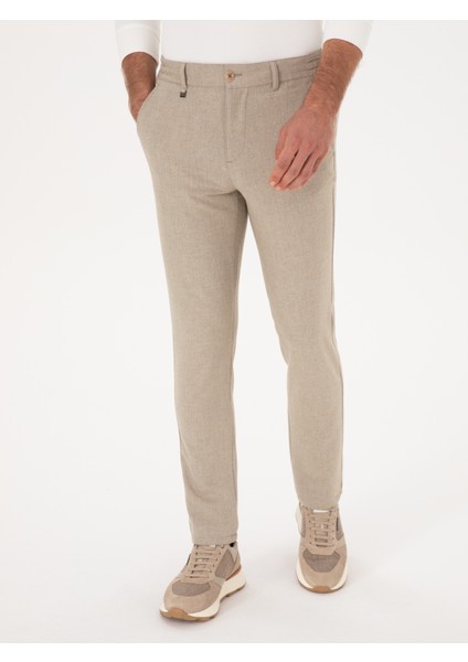 Erkek Bej Slim Fit Yün Karışımlı Kanvas Pantolon 50308721-VR011