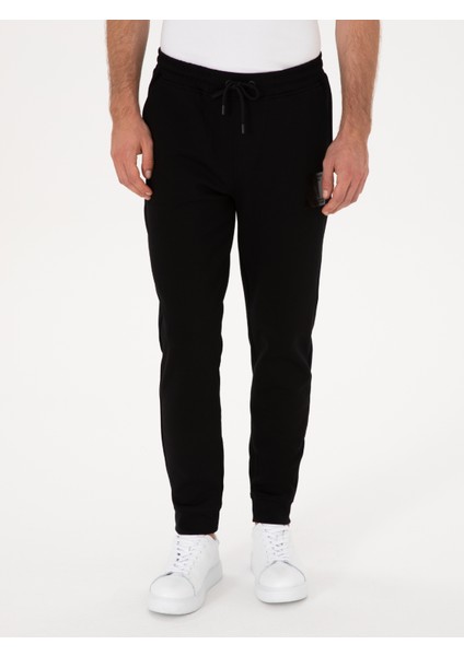 Erkek Siyah Slim Fit Pamuk Karışımlı Paçası Lastikli Eşofman Altı 50311677-VR046