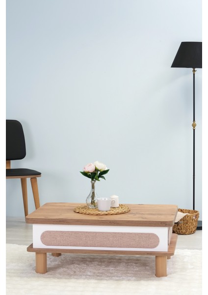 Livia Bohem Akıllı Orta Sehpa , Masa - Çam Tabla , Beyaz Gövde / Hasır Desen Kumaş