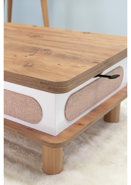 Livia Bohem Akıllı Orta Sehpa , Masa - Çam Tabla , Beyaz Gövde / Hasır Desen Kumaş