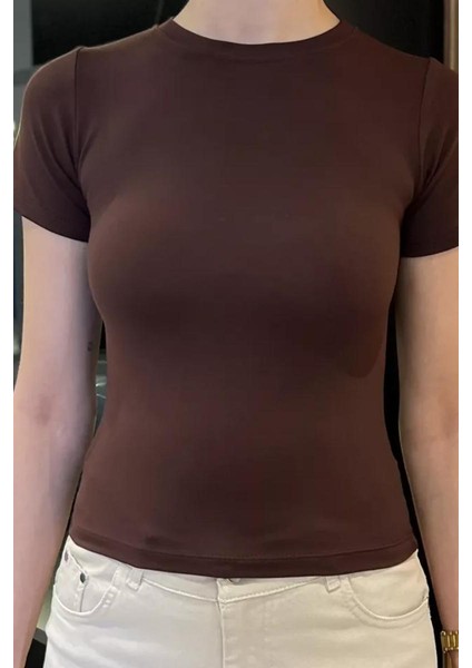 Kadın Kısa Kollu Bisiklet Yaka Basic Viscon Likralı Body
