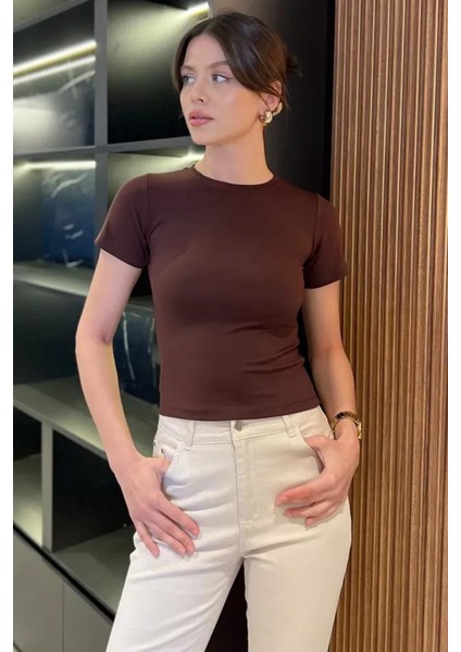 Kadın Kısa Kollu Bisiklet Yaka Basic Viscon Likralı Body fiyatları