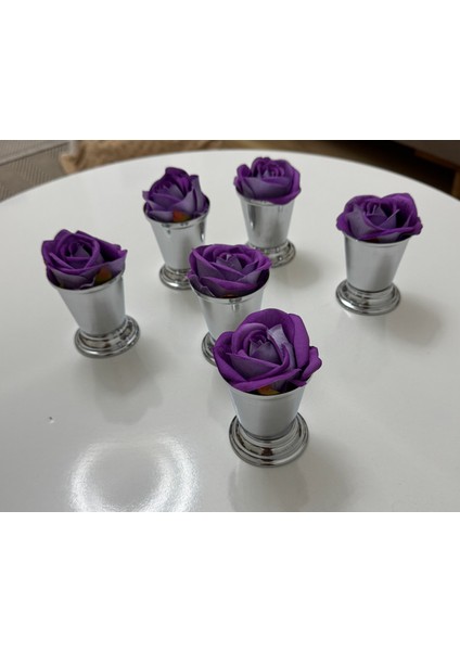 Dekoratif Gümüş Kaplama 6 Adet Gül Kovası Mor Renk Güller Dahildir