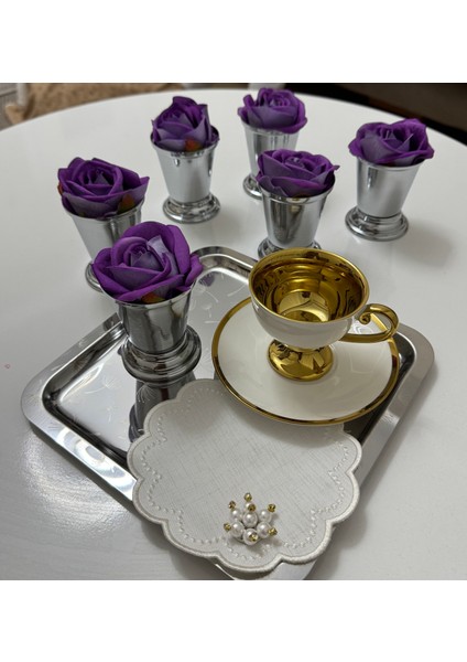 Dekoratif Gümüş Kaplama 6 Adet Gül Kovası Mor Renk Güller Dahildir fiyatları