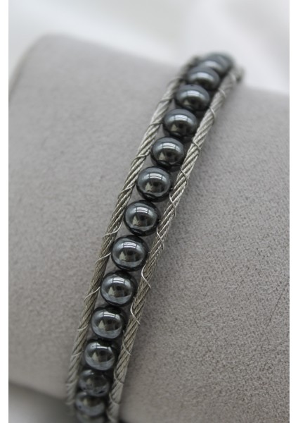 Çelik Kilitli Hematit Doğaltaşlı ve Çelik Halat Örme Erkek Bileklik