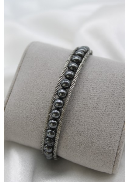 Çelik Kilitli Hematit Doğaltaşlı ve Çelik Halat Örme Erkek Bileklik fiyatları