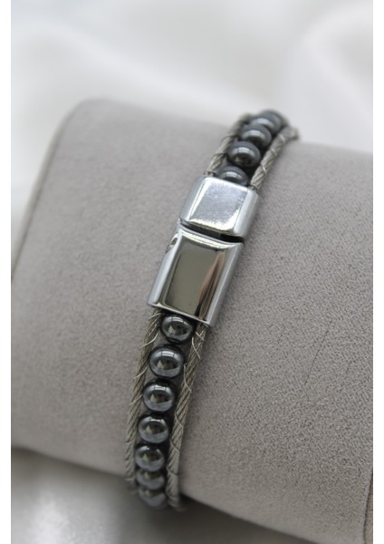 Çelik Kilitli Hematit Doğaltaşlı ve Çelik Halat Örme Erkek Bileklik modelleri