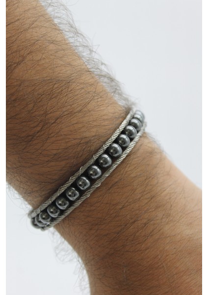 Çelik Kilitli Hematit Doğaltaşlı ve Çelik Halat Örme Erkek Bileklik fırsatları