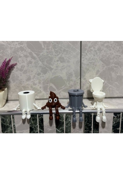 4'lü Eğlenceli Banyo Dekoratif Figür Seti /tuvalet Kağıdı, Kaka Emojisi, Çöp Kovası, Klozet Aksesua