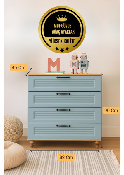 Mavi Çekmeceli Şifonyer | Birinci Sınıf MDF Kalitesi | REHAU Kaplama Kapaklar | Ağaç Ayaklı modelleri