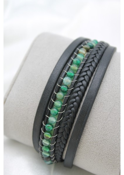 Çelik Kilitli Dörtlü Görünümlü Yeşil Akik Doğaltaşlı Örgü Model Erkek Deri Bileklik