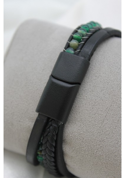 Çelik Kilitli Dörtlü Görünümlü Yeşil Akik Doğaltaşlı Örgü Model Erkek Deri Bileklik fiyatları