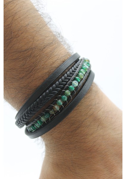 Çelik Kilitli Dörtlü Görünümlü Yeşil Akik Doğaltaşlı Örgü Model Erkek Deri Bileklik modelleri