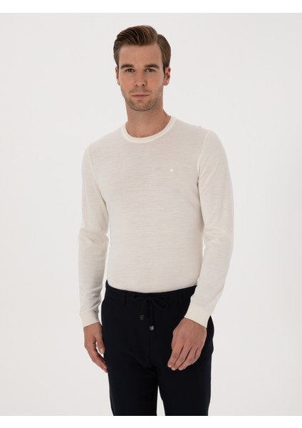 Erkek Beyaz Slim Fit Yün Karışımlı Bisiklet Yaka Basic Triko Kazak 50315266-VR013