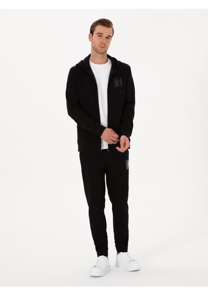 Erkek Siyah Regular Fit Pamuk Karışımlı Tam Fermuarlı Kapüşonlu Sweatshirt 50311630-VR046