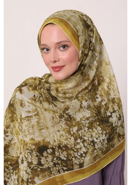 Yağ Yeşili Luvensara Desenli Silk Elite Şal