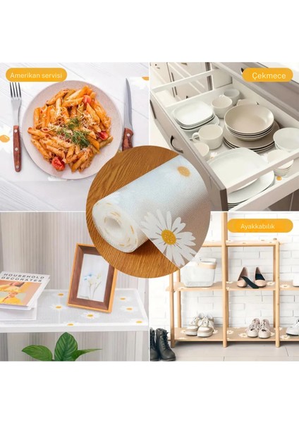 Mutfak Eva Shelf Liner Şeffaf Astar Kaymaz Dolap Içi Çekmece Örtüsü Papatya Desen Mat 45CMX10 Metre modelleri