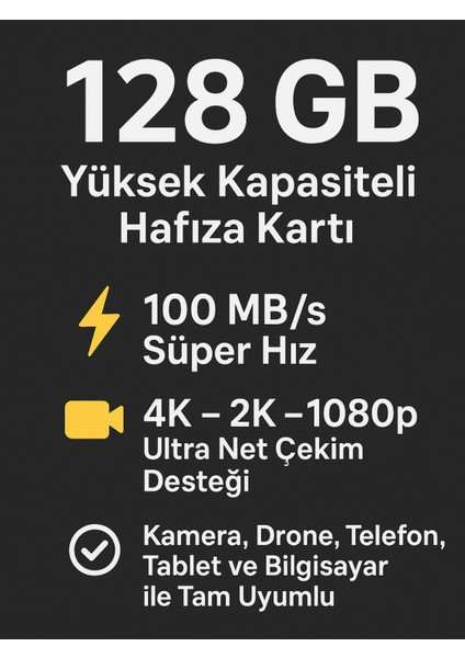 128GB Micro SD Hafıza Kartı Class 10 100MB/s 4K Video Kayıt Araç ve Güvenlik Kamerası, Drone Uyumlu fırsatları