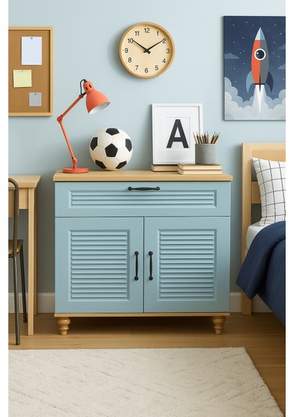 Mavi Kapaklı Şifonyer | Birinci Sınıf MDF Kalitesi | REHAU Kaplama Kapaklar | Ağaç Ayaklar