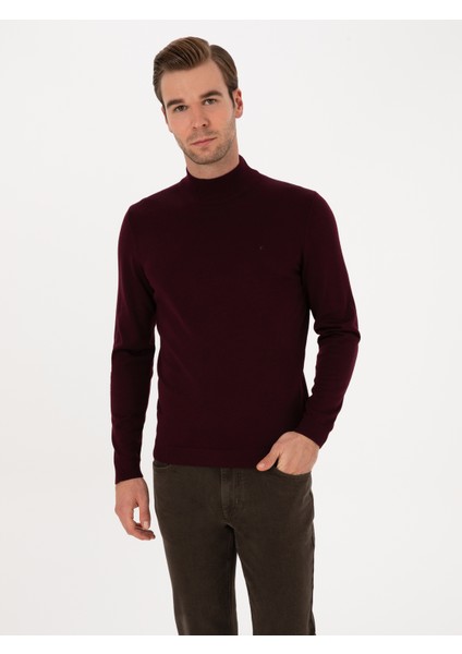 Erkek Açık Bordo Slim Fit Yün Karışımlı Yarım Balıkçı Basic Triko Kazak 50315296-VR263