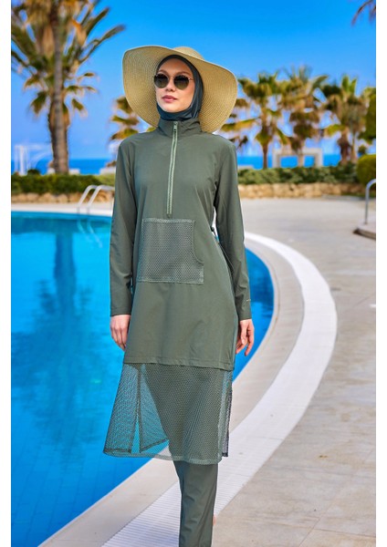 Haki Tam Kapalı Mayo M2508-3 – Tül Detaylı, Sabitlemeli M2508-3